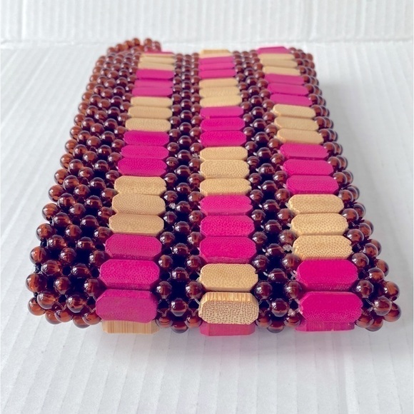 HANDMADE Wood & Bead African Inspired Wallet Brown Pink & Tan\Natural Unique - Picture 13 of 16
